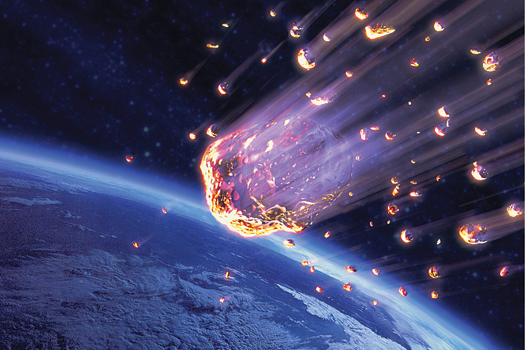 Meteor shower speeding toward Earth (digital composite)