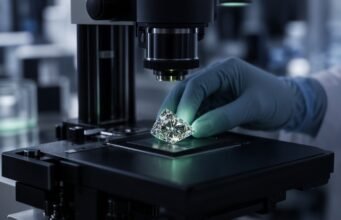 Квантни сензори го мапираа напрегањето околу дислокација во дијамант Истражувач приспособува микроскоп над дијамантски примерок во лабораторија.