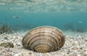 Тврда морска школка лежи полузакопана во песок под мирна, сино-зелена морска вода.