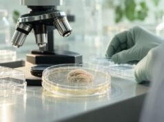 Титанидите на габата предизвикуваат инфекција кај глувци со тек сличен на квасочните клетки Културна плоча со бледа габична колонија покрај микроскоп во лабораторија.