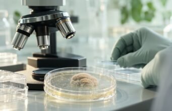 Титанидите на габата предизвикуваат инфекција кај глувци со тек сличен на квасочните клетки Културна плоча со бледа габична колонија покрај микроскоп во лабораторија.