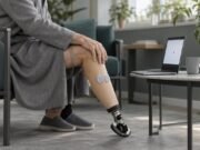 Илустративна сцена во истражувачка просторија: сензор е поставен над мускул на преостанатиот дел од ногата на лице со протеза.