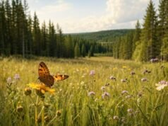 Пеперутка на див цвет пред ливада и финска иглолисна шума.