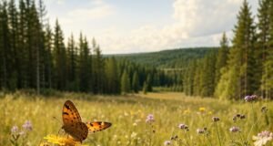 Пеперутка на див цвет пред ливада и финска иглолисна шума.